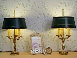 Pair Antique French Brass Bouillotte 3 Branch Lamps & Green Tole Shade 1629