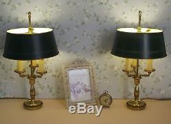 Pair Antique French Brass Bouillotte 3 Branch Lamps & Green Tole Shade 1629