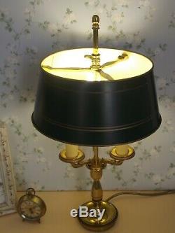 Pair Antique French Brass Bouillotte 3 Branch Lamps & Green Tole Shade 1629