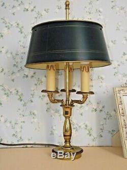 Pair Antique French Brass Bouillotte 3 Branch Lamps & Green Tole Shade 1629