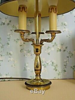 Pair Antique French Brass Bouillotte 3 Branch Lamps & Green Tole Shade 1629