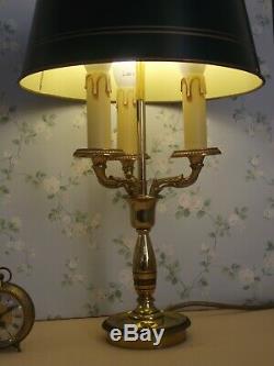 Pair Antique French Brass Bouillotte 3 Branch Lamps & Green Tole Shade 1629