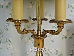 Pair Antique French Brass Bouillotte 3 Branch Lamps & Green Tole Shade 1629