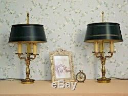 Pair Antique French Brass Bouillotte 3 Branch Lamps & Green Tole Shade 1629