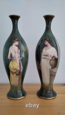 Pair Antique Victorian Royal Bonn Portrait Vases Art Nouveau PreRaphaelite style
