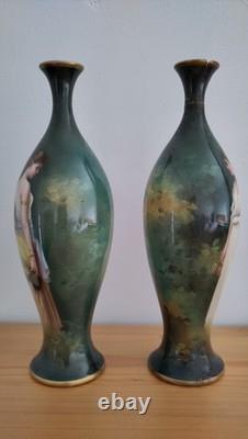 Pair Antique Victorian Royal Bonn Portrait Vases Art Nouveau PreRaphaelite style