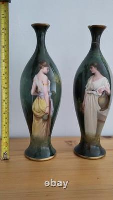 Pair Antique Victorian Royal Bonn Portrait Vases Art Nouveau PreRaphaelite style