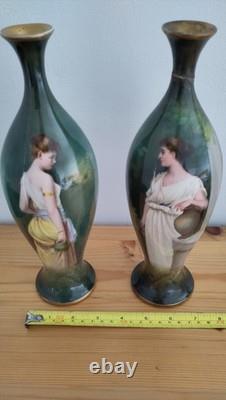 Pair Antique Victorian Royal Bonn Portrait Vases Art Nouveau PreRaphaelite style