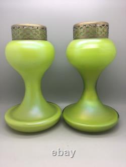 Pair Art Nouveau Bohemian Vases Mesh Flower Grill Green Iridescent Loetz Style