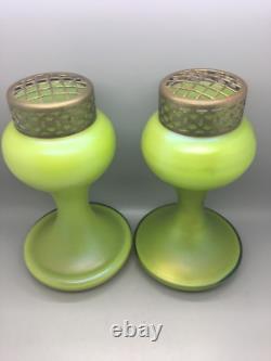 Pair Art Nouveau Bohemian Vases Mesh Flower Grill Green Iridescent Loetz Style