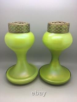 Pair Art Nouveau Bohemian Vases Mesh Flower Grill Green Iridescent Loetz Style