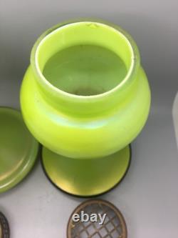 Pair Art Nouveau Bohemian Vases Mesh Flower Grill Green Iridescent Loetz Style