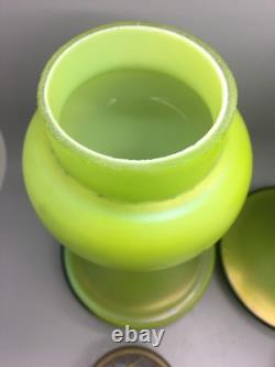 Pair Art Nouveau Bohemian Vases Mesh Flower Grill Green Iridescent Loetz Style