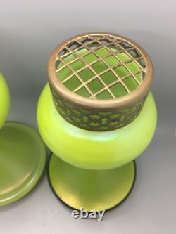 Pair Art Nouveau Bohemian Vases Mesh Flower Grill Green Iridescent Loetz Style