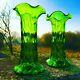 Pair Art Nouveau Judendstil Emerald Green Lily Glass Vases Loetz Style
