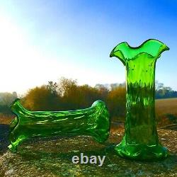 Pair Art Nouveau Judendstil Emerald Green Lily glass vases Loetz Style