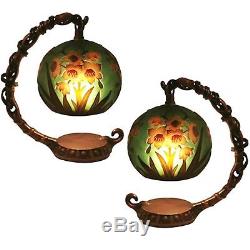 Pair Art Nouveau Table Lamps 18.5cm Galle Style Poppy Glass Shades Free Bulbs