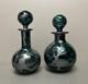 Pair Art Nouveau Teal Green Glass Perfume Bottles Sterling Silver Overlay