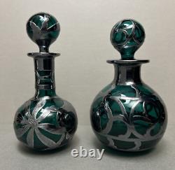 Pair Art Nouveau Teal Green Glass Perfume Bottles Sterling Silver Overlay