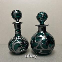 Pair Art Nouveau Teal Green Glass Perfume Bottles Sterling Silver Overlay