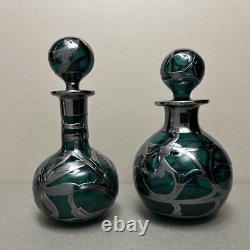 Pair Art Nouveau Teal Green Glass Perfume Bottles Sterling Silver Overlay