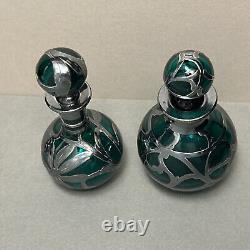 Pair Art Nouveau Teal Green Glass Perfume Bottles Sterling Silver Overlay