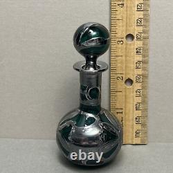 Pair Art Nouveau Teal Green Glass Perfume Bottles Sterling Silver Overlay