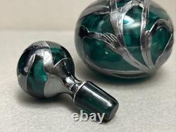 Pair Art Nouveau Teal Green Glass Perfume Bottles Sterling Silver Overlay