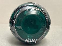 Pair Art Nouveau Teal Green Glass Perfume Bottles Sterling Silver Overlay