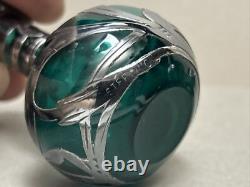 Pair Art Nouveau Teal Green Glass Perfume Bottles Sterling Silver Overlay