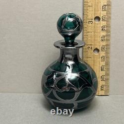 Pair Art Nouveau Teal Green Glass Perfume Bottles Sterling Silver Overlay