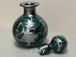 Pair Art Nouveau Teal Green Glass Perfume Bottles Sterling Silver Overlay
