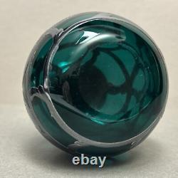 Pair Art Nouveau Teal Green Glass Perfume Bottles Sterling Silver Overlay