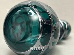 Pair Art Nouveau Teal Green Glass Perfume Bottles Sterling Silver Overlay
