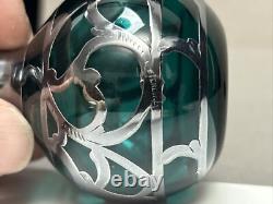 Pair Art Nouveau Teal Green Glass Perfume Bottles Sterling Silver Overlay