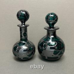 Pair Art Nouveau Teal Green Glass Perfume Bottles Sterling Silver Overlay