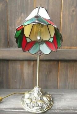 Pair Art Nouveau Tiffany Style Swan Neck Desk/Bedside Lamp Bases Green/Red/Cream