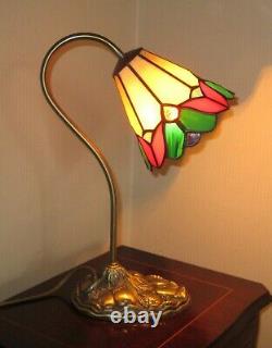 Pair Art Nouveau Tiffany Style Swan Neck Desk/Bedside Lamp Bases Green/Red/Cream