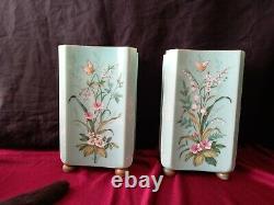 Pair Bohemian Harrach Moser Glass Vases Enamelled Butterflys Flowers Antique