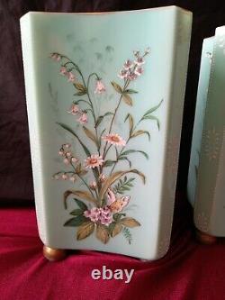 Pair Bohemian Harrach Moser Glass Vases Enamelled Butterflys Flowers Antique