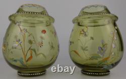 Pair Bohemian Harrach/Moser enamel painted art glass vases