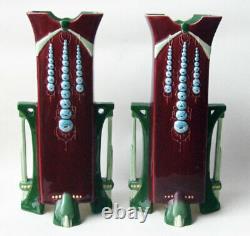Pair Eichwald Art Nouveau Secessionist (Sezessionist) Tall Vases Burgundy Green