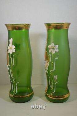 Pair Fritz Heckert Art Nouveau Art Glass Vases with Women and Flowers