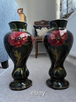 Pair LARGE 47cm Art Nouveau Pottery Vases Poppy Flowers Style Weller Ravissant
