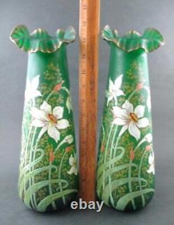 Pair MONT JOYE Art Nouveau DAFFODIL Vases 13 GREEN Satin Art Glass hp Enamel