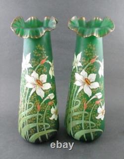 Pair MONT JOYE Art Nouveau DAFFODIL Vases 13 GREEN Satin Art Glass hp Enamel
