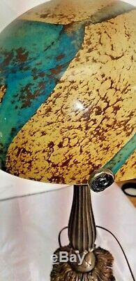 Pair Of Art Nouveau Table Lamp Bronze Base/Hand-Blown Glass Shade Green/Brown
