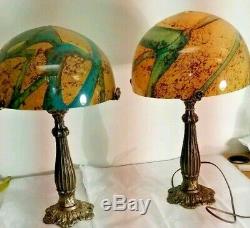 Pair Of Art Nouveau Table Lamp Bronze Base/Hand-Blown Glass Shade Green/Brown