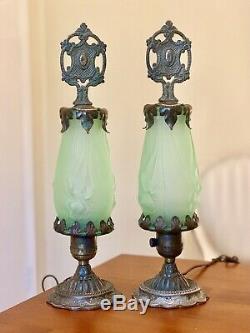 Pair Of Authentic 1920s Art Nouveau Boudoir Green Satin Glass Lamps