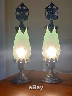Pair Of Authentic 1920s Art Nouveau Boudoir Green Satin Glass Lamps